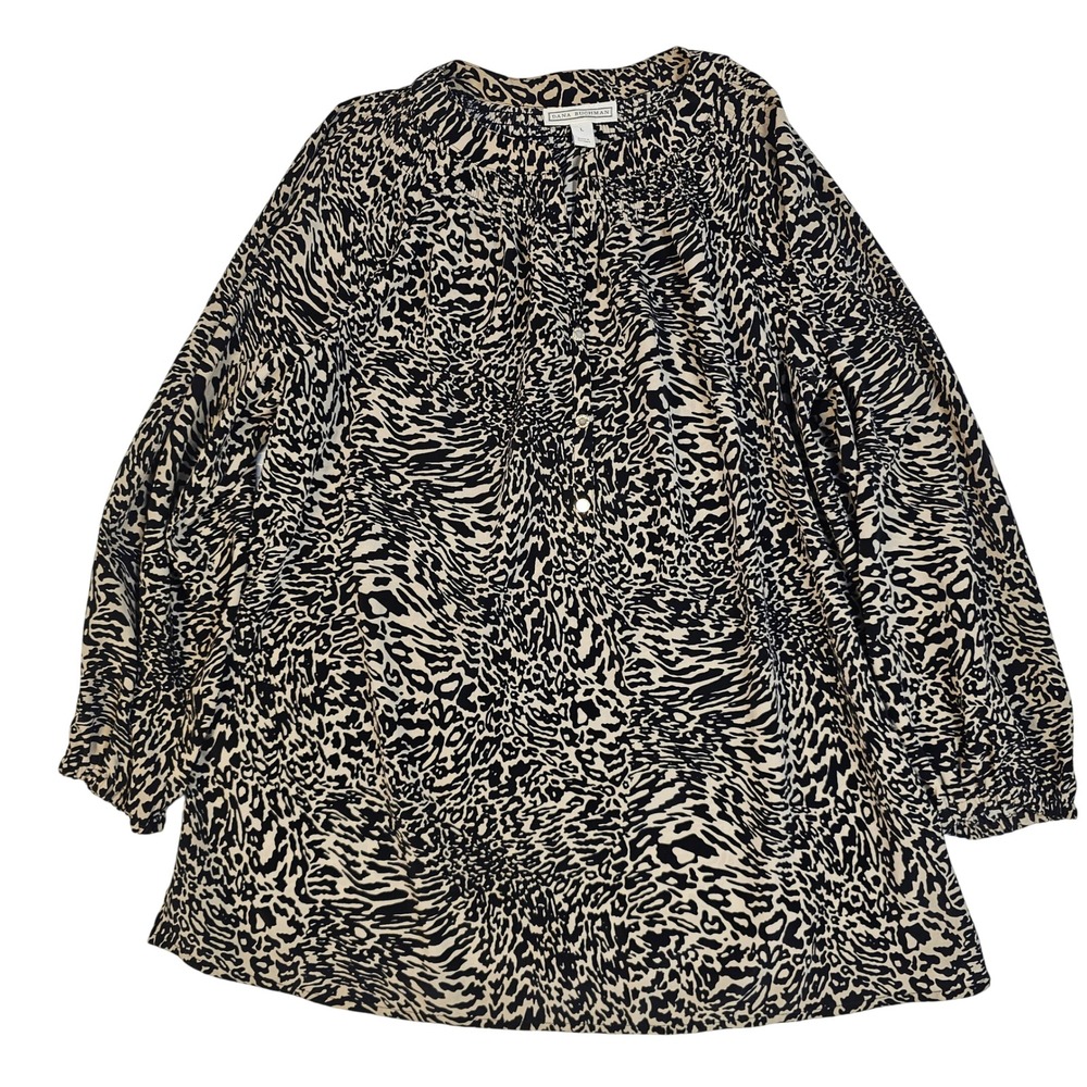 Dana Buchman Womens Large Animal Print Blouse Long Sleeve Smocked Neck Top Cream